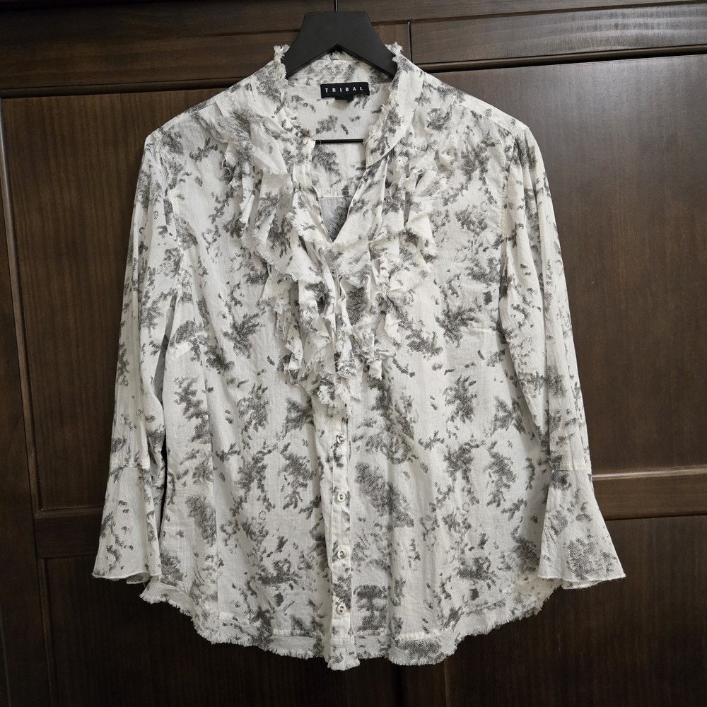 Tribal Womens 10 Button Up Cotton Gauze Shirt Ruffle Raw Hem Bell Sleeve Artsy